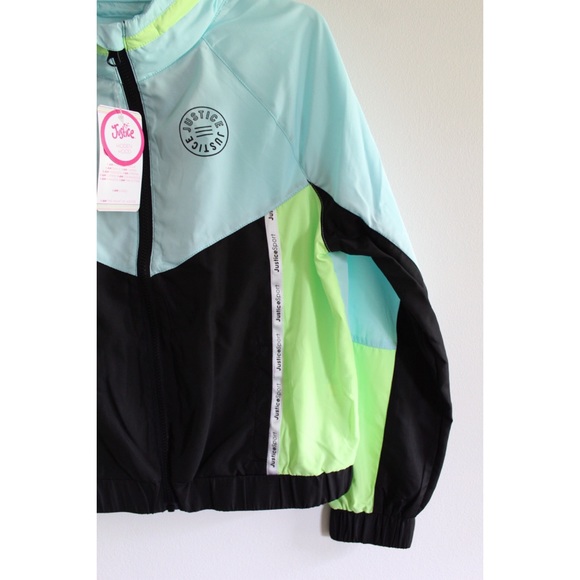 Justice NWT Neon Blue Lime Green Windbreaker Jacket 10 - Picture 10 of 12